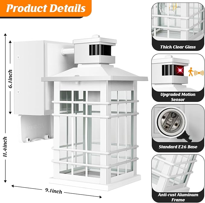 Porch Light with GFCI Outlets Built-in, Motion Sensor Dusk to Dawn Outdoor Light Fixture Wall Lantern, Aluminum Anti-rust Outside Wall Sconce Front Door, White Exterior Wall Light for Patio Garage