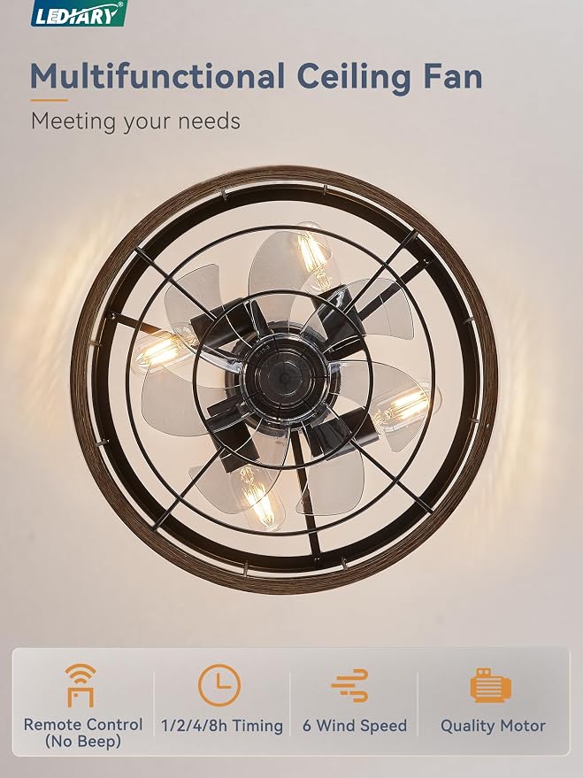 LEDIARY 16.5 inch Caged Fandelier Ceiling Fan Light with Remote, Brown | 6 Speed Adjustable,Timing, Quiet & Powerful DC, Small, Farmhouse, Industrial, Enclosed, Bladeless, Bedroom, Kitchen, Downrod