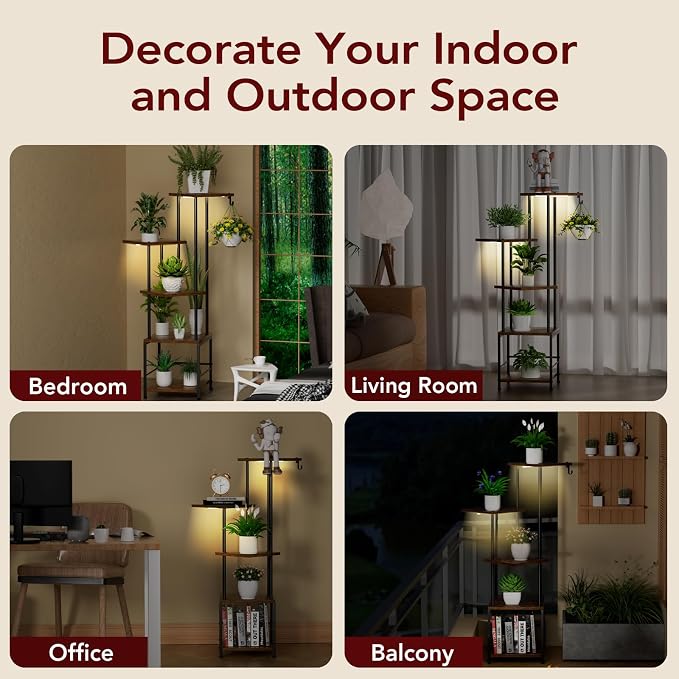 Plant Stand Indoor with Grow Light - 5-Tier Metal Plant Shelf with Hanging Basket Hook, Corner Tall Flower Holder for Multiple Plants, Living Room Balcony Garden Patio, Rustic Brown