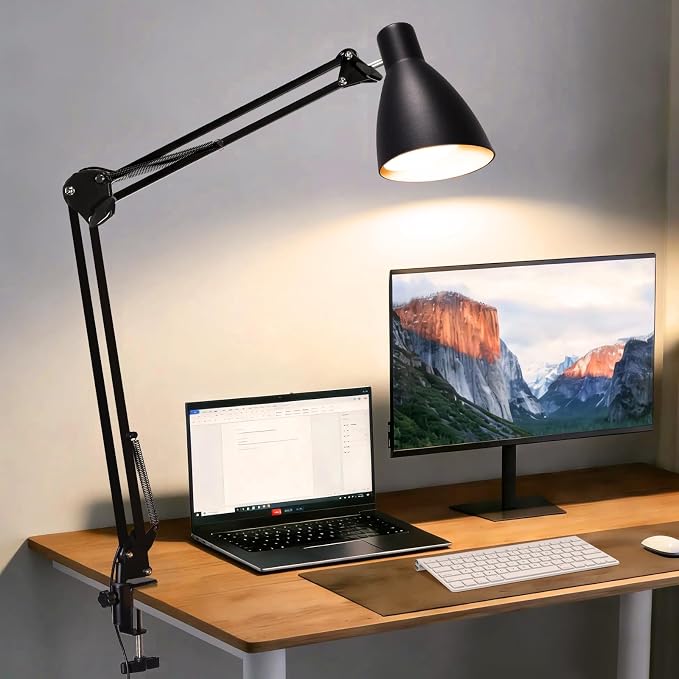 Swing Arm Desk Lamp with Clamp, Adjustable Arm LED Clamp on Desk Lamps with 5 Color Modes and 10 Brightness for Home Office Reading Drafting Study (Black)