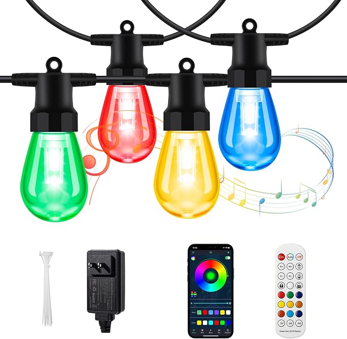 BBG Color Changing Outdoor String Lights Waterproof, 50FT Patio Lights | 20 Shatterproof LED Bulbs, RGBW 2700K Warm White, Smart App and Remote Control, Custom Colors, Dimmable, Music Sync and Timer
