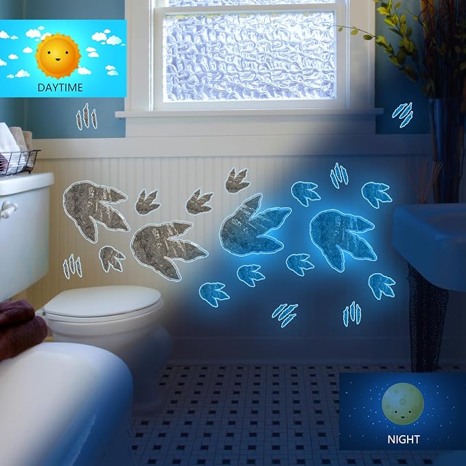 Nightlight Blue Dinosaur Footprint Wall Stickers 2 Sheets Decor | Glow in the Dark Dino Tracks Reusable Wall Decal Luminous Glass Doors Decor for Kids Room Home Playroom Decoration