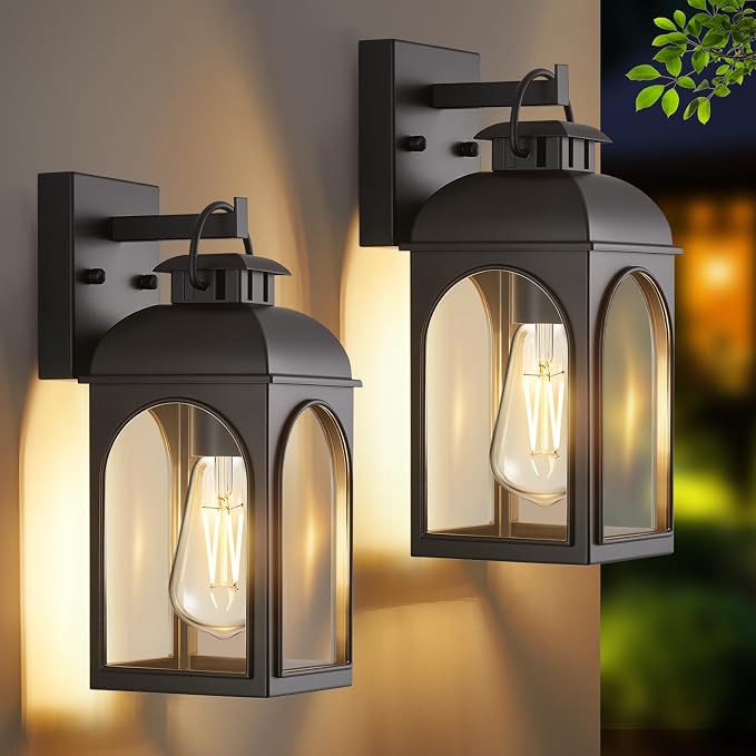 EJIAXIN 2 Pack Outdoor Wall Lights,Modern Black Exterior Wall Lanterns | Waterproof Metal Construction,Rust-resistant,Clear Glass Shades,Standard E26 Socket,Quick Installation,for Garage Doorway