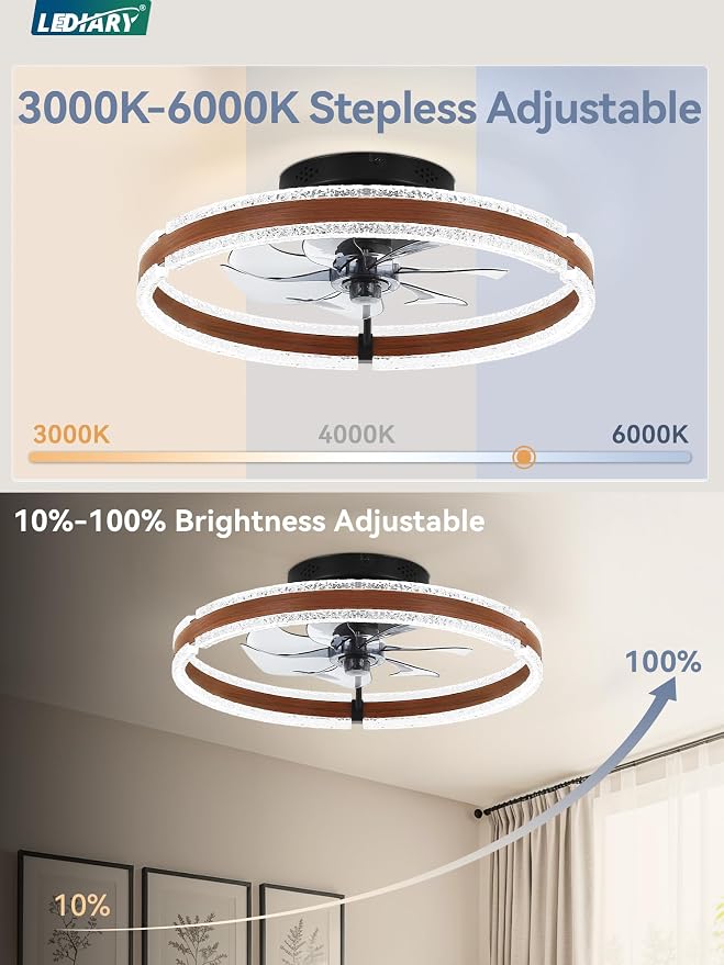LEDIARY 20'' Modern Low Profile Ceiling Fans with Lights and Remote, Walnut | 3000-6000K Dimmable LED, 6 Wind Speeds, Quiet Reversible DC Motor, Small Flush Mount Fandelier for Bedroom, Living Room