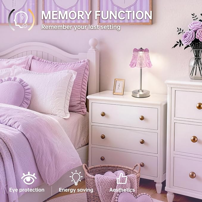 Shenmoyl Cordless Touch Table Lamp with 5200mAh Battery - 3 Adjustable Color Temperatures & Dimmable, Rechargeable Desk Lamp for Bedroom, Living Room, Office, Entryway, Bookshelves (Clear Purple Rose)