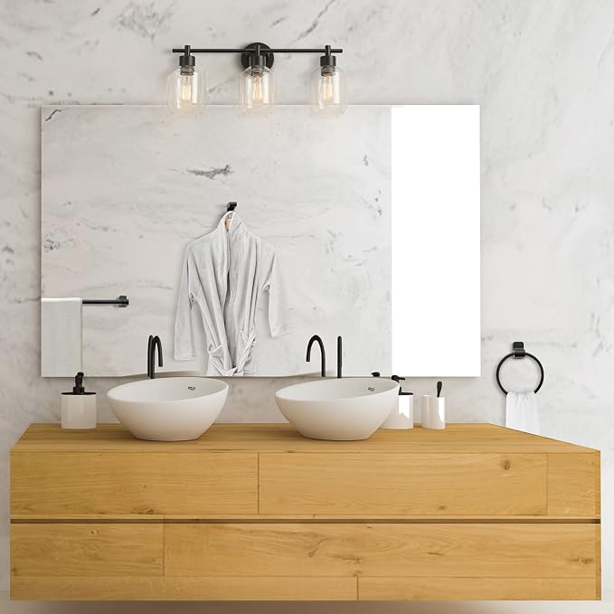 Globe Electric 65556 All-in-One 5-Piece Bathroom Set, Matte Black Finish, 3-Light Vanity with Clear Glass Shades, Towel Ring, Toilet Paper Holder, Robe Hook, and Towel Bar, Modern Bathroom Lighting