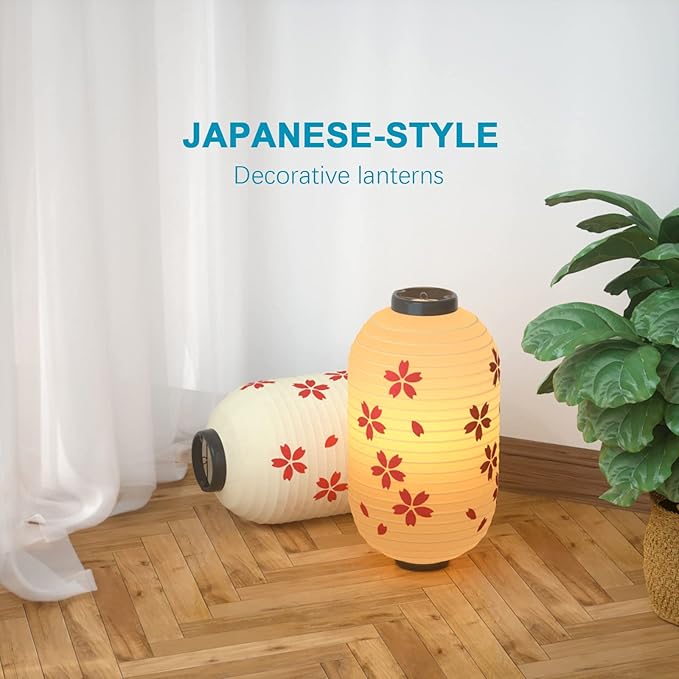 Traditional Japanese Style Beige White Silk Cherry Blossom Lantern 8 x 14 Inch, ZUEXT Set of 4 Waterproof Indoor Outdoor Festival Theme Birthday Party Home Yard Lanterns Japanese Eateries Decor