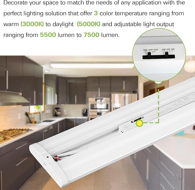 hykolity 4FT 5''W LED Wraparound Light with 3 Wattages/3 CCT Selectable | 55W-75W, 3000K-5000K, 5500LM-7500LM, No Glare, Flush Mount Ceiling Light for Office Kitchen, Laundry Room, ETL, 4 Pack
