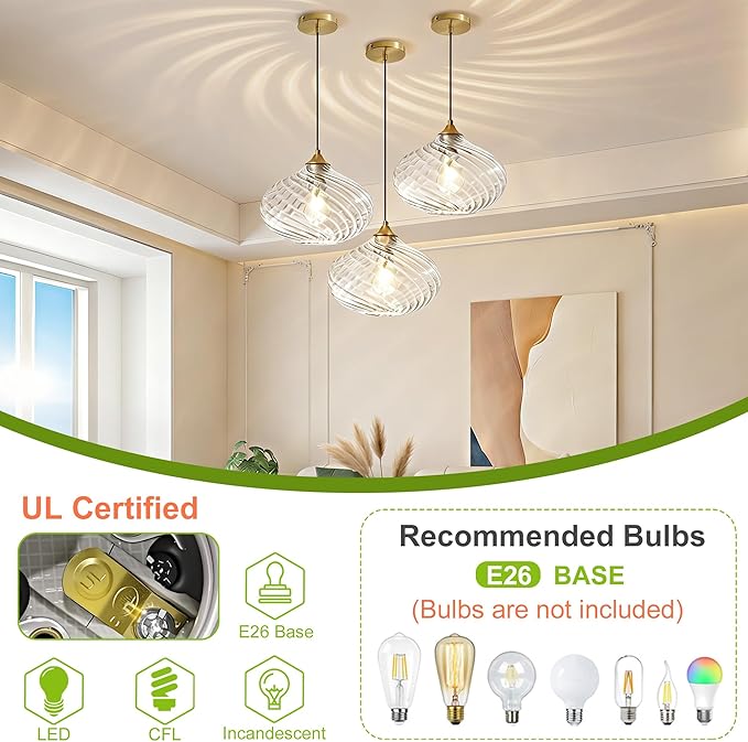 11in Gold Pendant Lights Kitchen Island with Clear Glass Shade 2Pack | Handcrafted Glass Pendant Light Fixtures, UL Certified, E26 Base 100W Max, Height-Adjustable, Dimmable Hanging Pendant Light