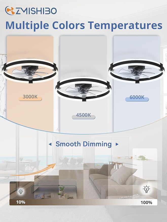 ZMISHIBO 23" Low Profile Fandelier LED Ceiling Fans with Lights and Remote | 3CCT Dimmable, 6 Speeds, Remote/App Control, Reversible DC Motor, Memory, Timer, Small Modern Fandelier for Kids/Bedroom