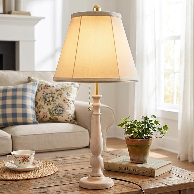 LALISU Farmhouse Table Lamps Rustic Bedroom Lamps for Living Room, 24.41" Boho Bedside Lamp with Chain Switch for Night Stands End Table Office Desk Lamp Nightstand with Linen Shades (Washed White)