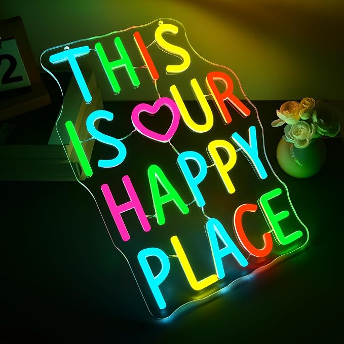 This Is Our Happy Place Neon Sign for Bedroom Wall Decor | Dimmable warm vibe neon light, cozy home teen bedroom decor, birthday gift for couples families, size 13.8*9.8 in