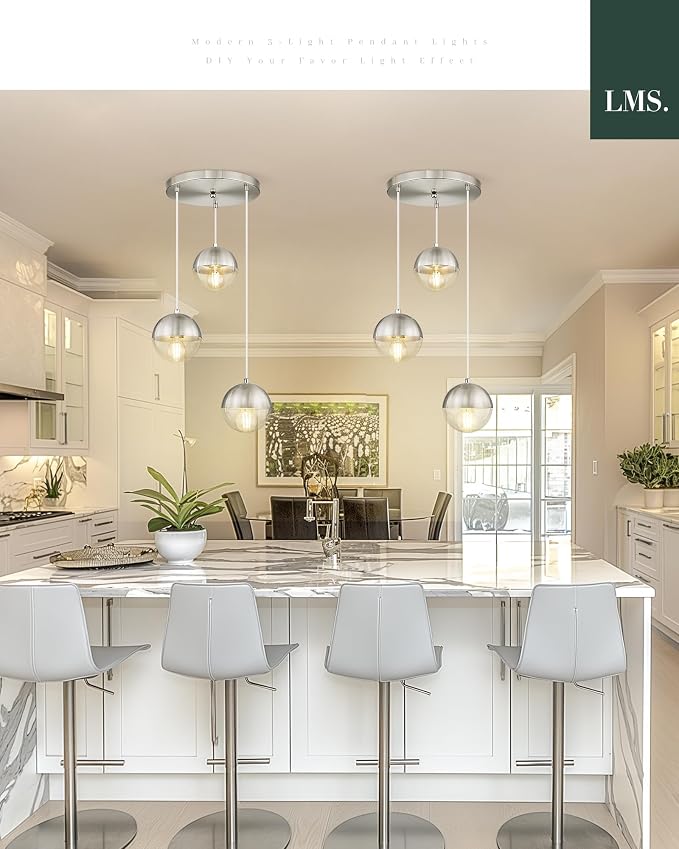 Modern Brushed Nickel 3-Light Cluster Pendant Lights, Mid Century Pendant Lighting with Clear Globe Glass Shade, Adjustable Hanging Cord Ceiling Light for Bathroom Dining Room, LMS-186BNC3