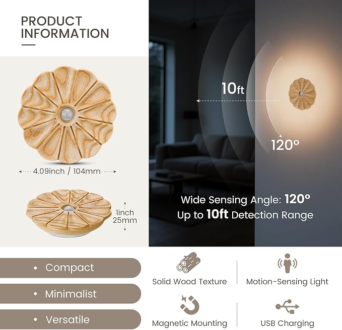 Flower Night Light with Motion Sensor, 2 Pack Rechargeable Night Lights | Ash wood, Backlit Soft Glow, Flower Motion Sensor Light, Stick-on Magnetic Lights for Stair, Hallway, Bedroom, Living Room