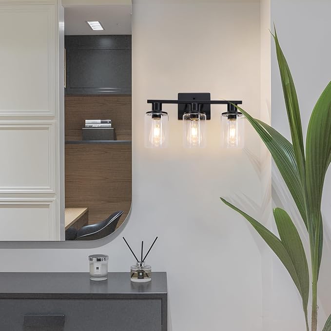 Matte Black Bathroom Light Fixtures Over Mirror,3-Light Bathroom Vanity Light with Clear Glass Shade,Modern Farmhouse Wall Sconces Lighting for Mirror Kitchen Living Room Cabinet