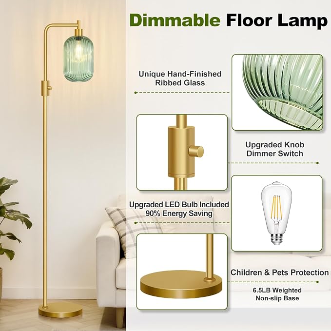 【Upgraded】 Dimmable Floor Lamp for Living Room with Green Ribbed Glass Lampshade, Gold Modern Floor Lamp with 900LM LED Bulb Included, Arc Standing Tall Lamp for Bedroom, Office, Reading Room, Corner