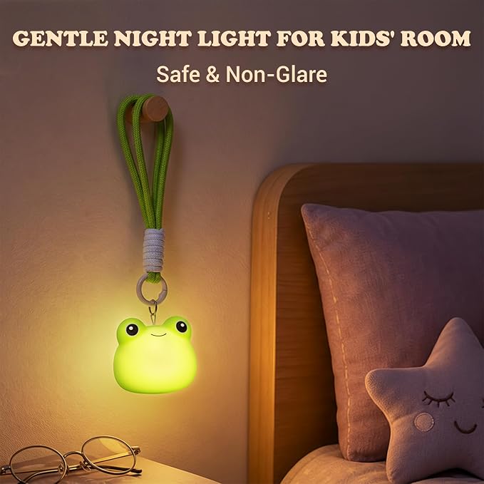 UNEEDE Mini Frog Night Light with Lanyard, 8 Color Changing Rechargeable | Portable Mini Kids Night Light , Soft Silicone Cute Lamp for Bedroom & Camping,Gifts
