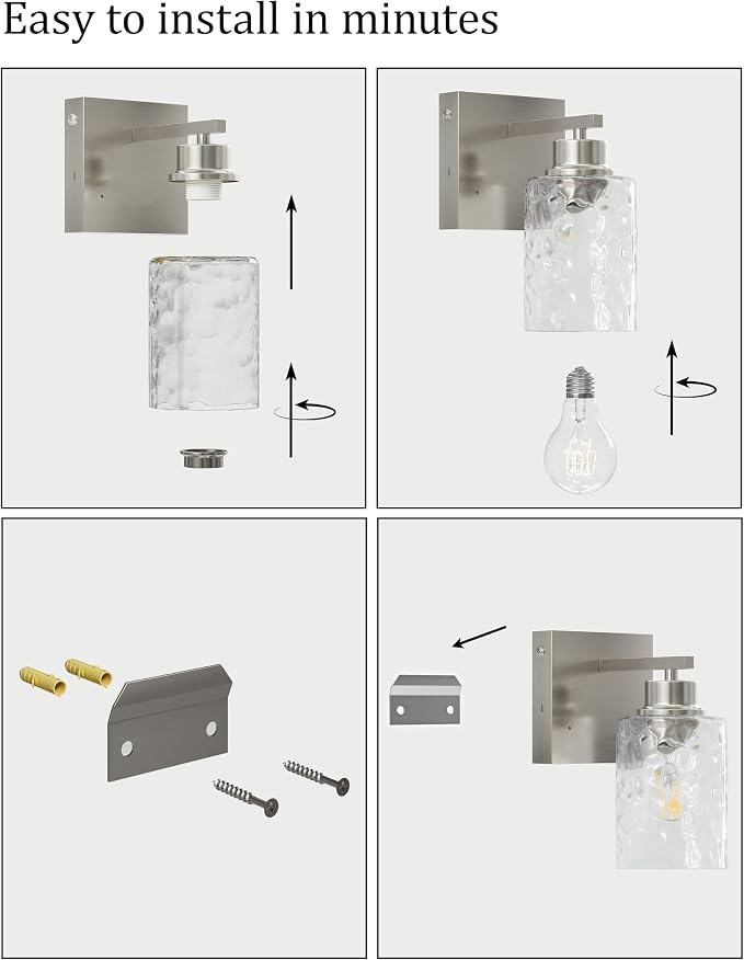 Hammered Glass Wireless Battery Operated Wall Sconces Set of Two Nickel | Dimmable Rechargeable Wall Lights with Remote Timer, Easy Install Lamp for Living Room Bedroom, Emergency 3000K