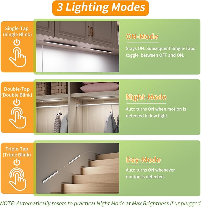 USB Plug-in Motion Sensor Light, Night/Day/ON Modes, Bright&Dimmable | 2-Row LED, 14" Under Cabinet Lighting Indoor for Kitchen, Cabinet, Closet - 6000K Cool White, 1-Bar