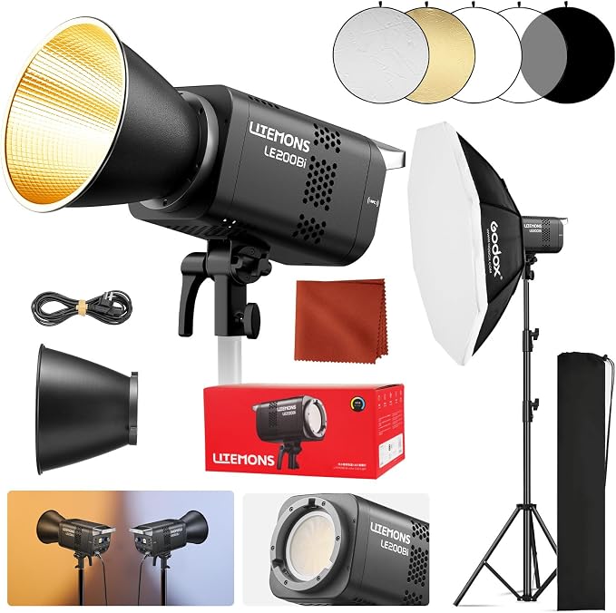 Godox Litemons LE200Bi LED Video Light Kit with Softbox Light Stand | CRI 98+, 2800K-6500K, 57700 Lux Output, DMX/App Control for Studios Ultra Quiet for Content Creation