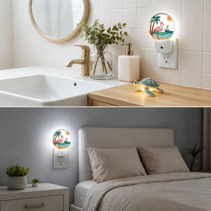 Decorative Night Lights Pink Flamingo Plug-in Nightlight Auto Light Sensors | Tropical Beach Palm Night Lights Plug into Wall Dusk-to-Dawn Auto Sensor for Bedroom Kitchen Toilet Hallway, Energy Saving