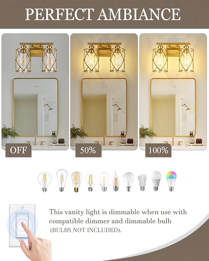 2-Light Brushed Gold Bathroom Light Fixtures, 13.8 Inch Modern Bathroom Vanity Lighting Fixtures Over Mirror with Clear Glass and Metal Cage Wall Sconce Lights for Bath, E26, CH9176BG-2W