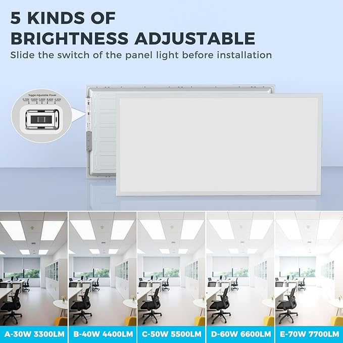 2x4 LED Flat Panel Light-4 Pack 7700Lm 5CCT 3000-6500K 5 Wattages 30W-70W Drop Ceiling Lights Fixture for Room Kitchen Office Garage
