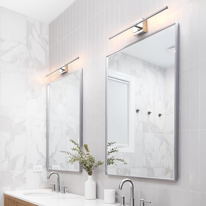 JONATHAN Y Makena 28" 1-Light LED Wall Sconce, Chrome, Set of 2 | Dimmable, Modern, Integrated 12W, Hardwired, Sleek Metal, Ambient, Bathroom Mirror, Bedroom, Hallway, Vanity Mount