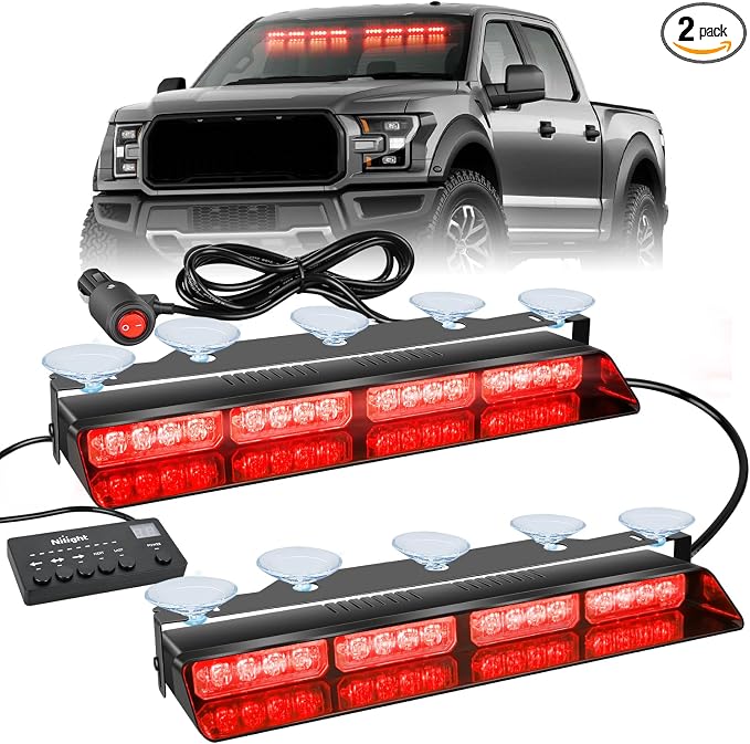 Nilight 32LED Red Emergency Dash Strobe Lights w/Controller Suction Cups | Warning Hazard Interior Front/Rear Windshield Deck Split Light Bar for Trucks Construction Vehicles