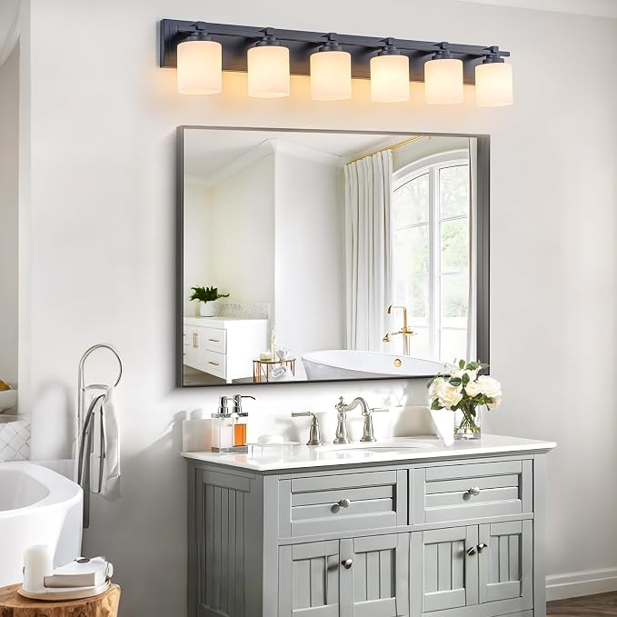 Modern Bathroom Light Fixtures Over Mirror, Vanity Lights for Bathroom Wall Sconces with Milky White Glass Shades, E26 Socket (Bulbs Not Included), 6 Light, Black