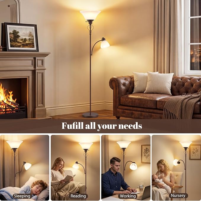 Floor Lamps for Living Room, 70" Tall Torchiere Floor Lamps, Plastic Shade | Tall Lamp with Adjustable Gooseneck Reading Light, Modern Corner Standing Lamp for Bedroom, Office, Separate On/Off Switch