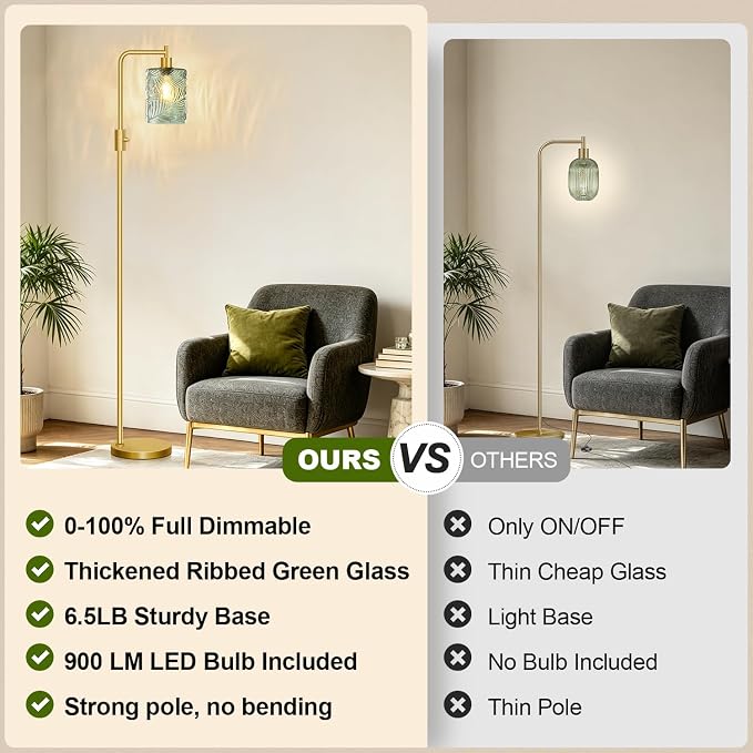 【Upgraded】 Dimmable Floor Lamp for Living Room with Green Feather Glass Lampshade, Gold Modern Floor Lamp with 900LM LED Bulb Included, Arc Standing Tall Lamp for Bedroom, Office, Reading Room, Corner