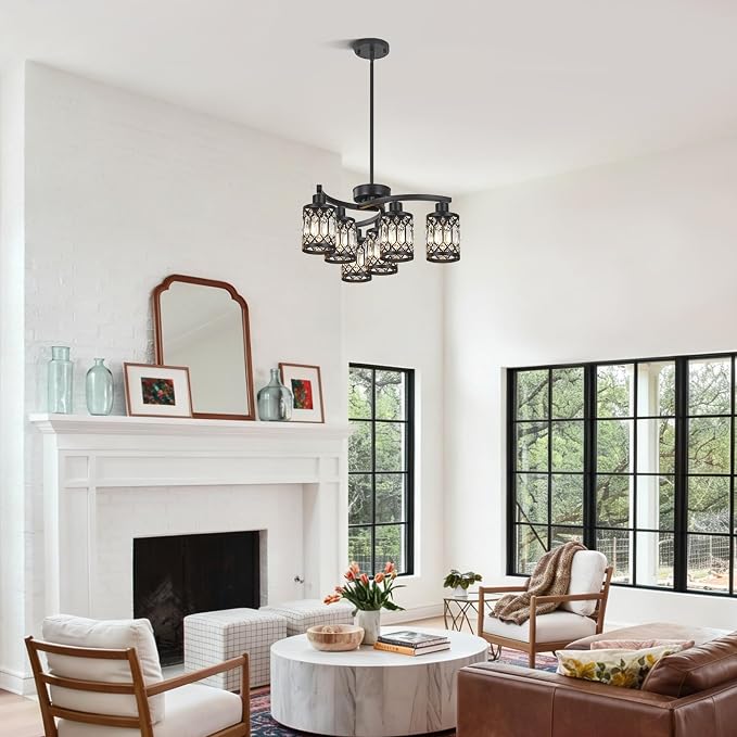 CNRATYE 6-Light Black Crystal Chandelier, Farmhouse Dining Room Chandelier | Elegant K9 Crystals & Durable Metal Frame. Height Adjustable (17.6"-59"). Dimmable. Ideal For Kitchen Islands Foyers Bedrooms