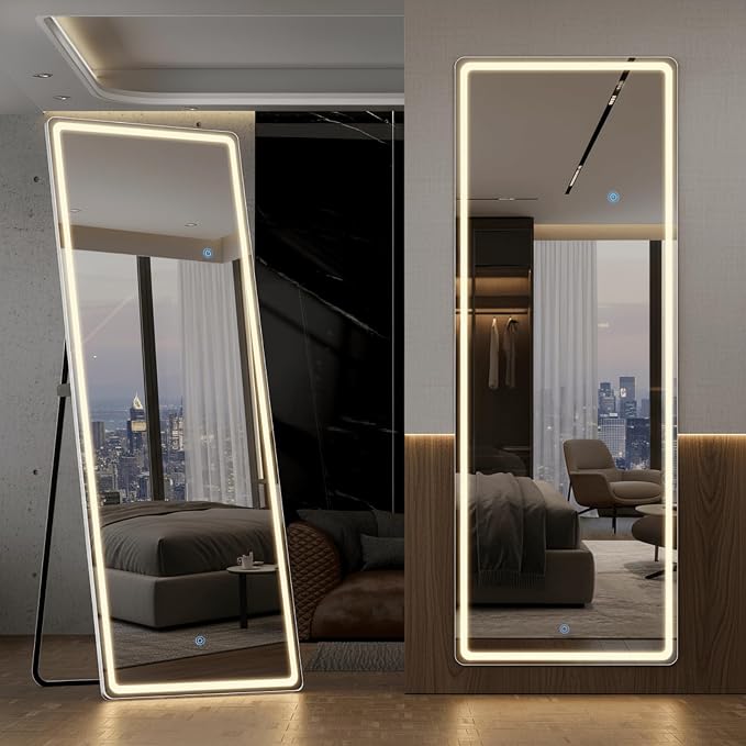 LED Full Length Mirror 71x26 Inch, Lighted Floor Body Mirror with Stand | Tall Arch Aluminum Frame Mirrors with Dimmable 3 Color Lighting, Hanging Mounted Mirrors for Living Room, Bedroom, Cloakroom