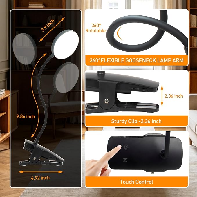 Cordless Rechargeable Clip On Desk Lamp Thick Flexible 360° Gooseneck | 450 Lumen Eye Protect Light,30 Custom Lighting Modes,5-30H Long Life Battery for Bed Headboard Desk Puzzle Craft ,Black 2 Pcs