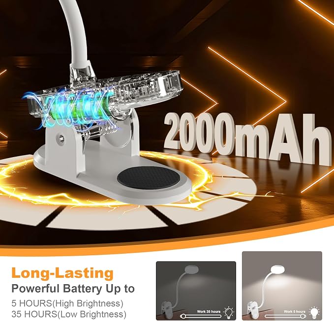 Cordless Reading Lamp with Clamp, 3.5'' Rechargeable LED Clip Light for Bunk Bed Headboard Home Office Desk, Flexible and Dimmable Book Light with 3 Color Temperatures & 10 Brightness (White/3.5'')
