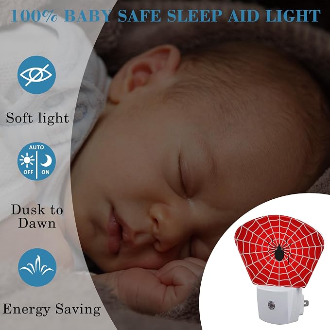 Black Spider Night Light for Kids, White Spider Web LED Night Light Plug into Wall with Dusk to Dawn Sensor for Girls Boys Women Men Room, Hallway, Kitchen, Bathroom, Stairs Decor