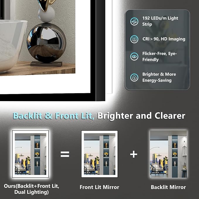 28x36 Black LED Bathroom Mirror, Backlit & Front Lit Lighted Mirror | Metal Framed Anti-Fog Vanity Mirror with Lights, 3 Color Dimmable, Memory, Tempered Glass, CRI95, IP54, Horizontal/Vertical