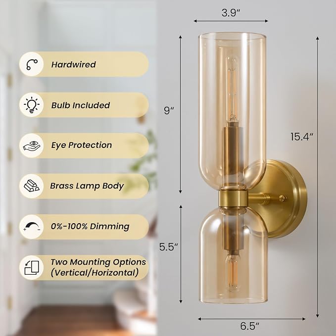 Mid Century Bathroom Wall Sconce: Set of 2 Modern Brass Gold Amber Lights | Minimalist Glass Indoor Dimmable Lighting Fixture with Bulb, Double Brushed Vanity Sconces for Bedroom Living Room Hallway