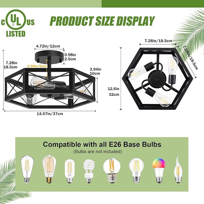 3-Light Semi Flush Mount Ceiling Light, Kitchen Lighting Fixtures Ceiling, Black Dining Room Light Fixtures, Farmhouse Close to Ceiling Lights with Hexagon Cage for Bedroom Hallway Foyer
