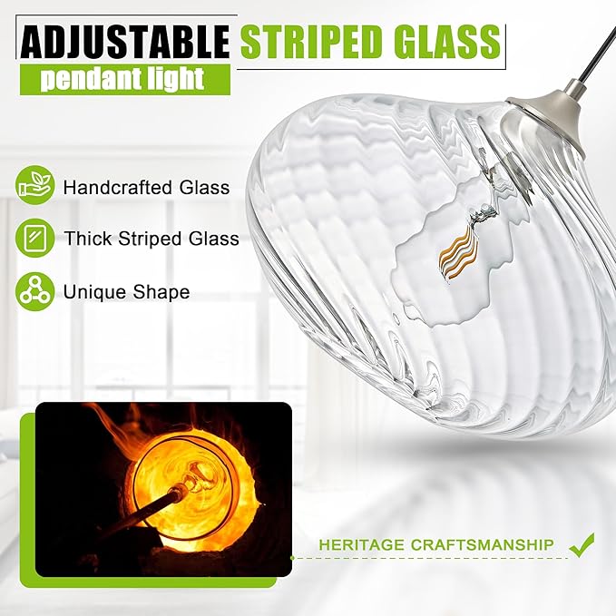 11in Nickel Pendant Lights Kitchen Island with Clear Glass Shade 1Pack | Handcrafted Glass Pendant Light Fixtures, UL Certified, E26 Base 100W Max, Height-Adjustable, Dimmable Hanging Pendant Light
