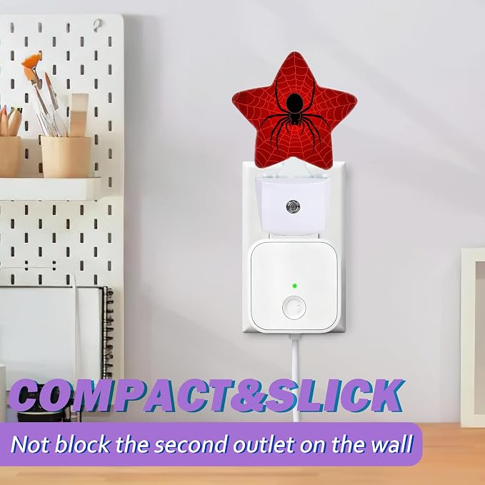 Night Lights Plug Into Wall Decorative,Black Spider Nightlights for Kids Bedroom, Red Spider Web Energy Efficient Dusk-to-Dawn Sensor Sleep Friendly Lamp for Nursery Bathroom