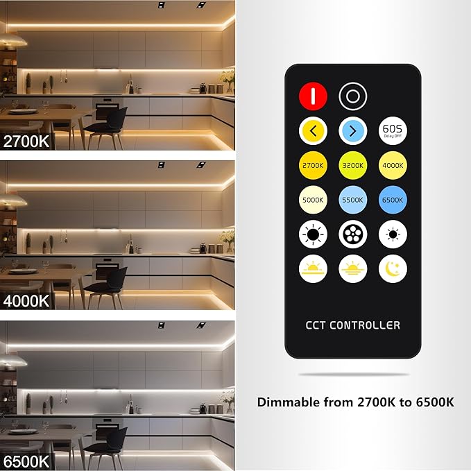 CCT COB LED Strip Lights,24.6ft Dimmable 2700K-6500K 24V Tunable White LED Light Strip Kit, High Density CRI 90+ LED Strips with Remote Controller and Power Supply, for Bedroom Kitchen Home Lighting