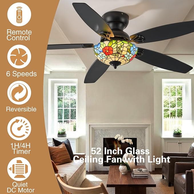 Tiffany Ceiling Fans with Lights-52"Ceiling Fan Chandelier and Glass Shade | 52" Ceiling Fan Chandelier with 5 Dual-Blades and Glass Shade, 6 Speeds and Reversible, Indoor and Outdoor, Retro Style