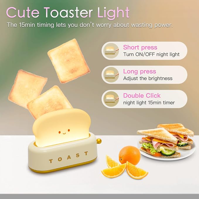 Desk Decor Cute Toast Lamp Small Desk Lamp Night Light for Kids | Rechargeable with Smile Face Kawaii Decor for Bedroom, Table, Bedside, Desk Gifts for Kids and Adults