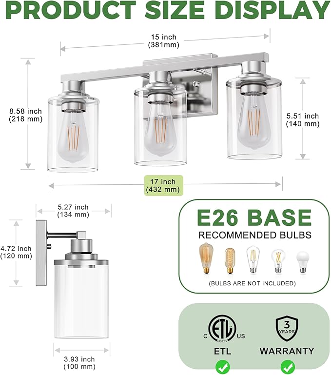 17 Inch 3-Light Chrome Bathroom Vanity Light Over Mirror | Modern Vanity Mirror Light, Brushed Chrome Vanity Light with Clear Glass Shade, Wall Mount Lighting for Bedroom Living Room