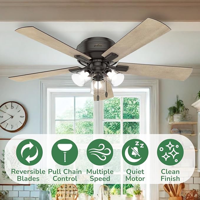 Hunter Crestfield, Indoor, Ceiling Fan, Quiet, 52 inch, Noble Bronze | with LED Lights and Pull Chain, Low Profile Flush Mount, 5 Blades, For Bedroom, Living Room, Kitchen, 54208