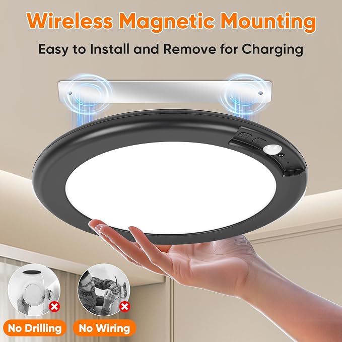 Rechargeable Motion Sensor Ceiling Light, Battery Operated Closet Light | Wireless Battery Powered LED Shower Light, Magnetic Cordless Ceiling Light with Remote, Overhead Lamp for Pantry Shed, Black