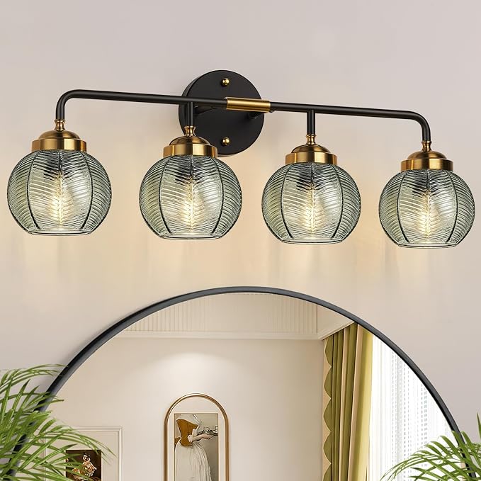MOKATNG Bathroom Light Fixtures, 4-Light Green Vanity Lights with Unique Leaf Texture Glass Shade, Modern Matte Black and Gold Bathroom Wall Lamp for Mirror Hallway Cabinet Living Room