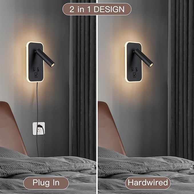 Bed Reading Light, Wall Mounted Reading Fixture with USB C+A Ports, Adjustable Headboard Sconces, Plug-in or Hardwired Bedside Lamp, Modern Black 10W+3W 3000K Warm Ambient lighting for Bedroom